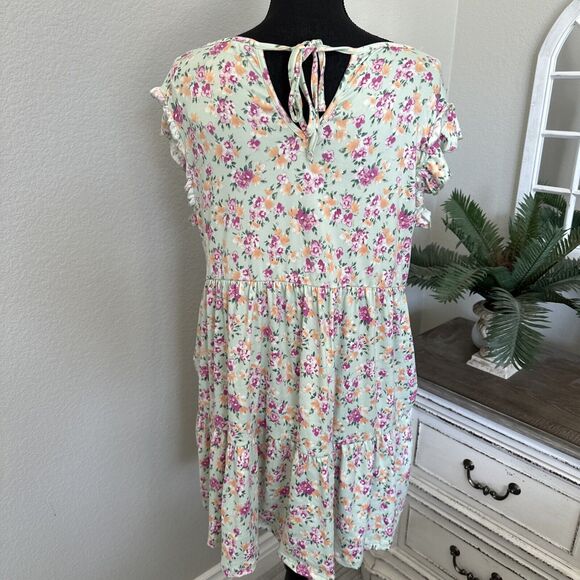 Culture Code Light Green Floral Ruffle Accent Baby Doll Mini Dress Size Large - Picture 7 of 12